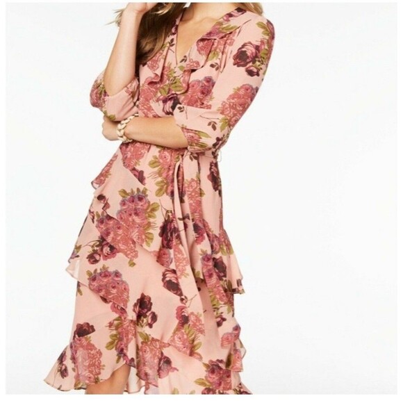 Betsey Johnson Women’s Rose Print Ruffle Cap Sleeve Wrap Midi Dress size8 - Picture 1 of 16